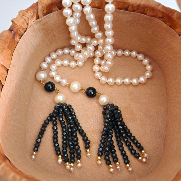 Lariat pearl necklace petite pearls high luster 18k GP hand knottedA0123 -1Q
